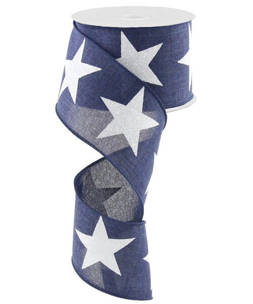 2.5&quot; Navy with large white glitter stars wired ribbon