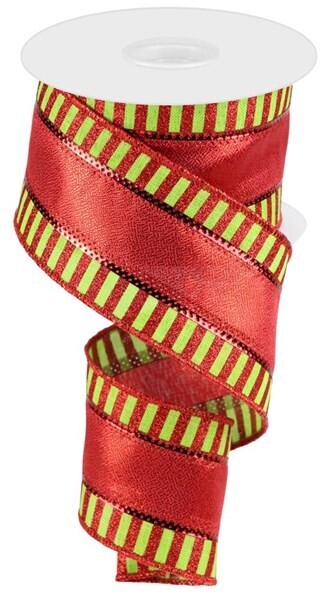 2.5” red metallic with red/lime green striped border wired ribbon