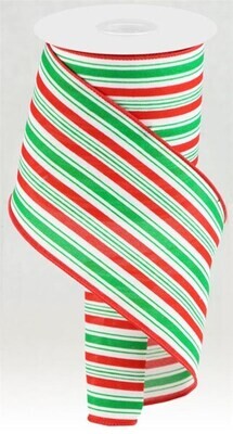 4” red/white/green horizontal Christmas stripe wired ribbon