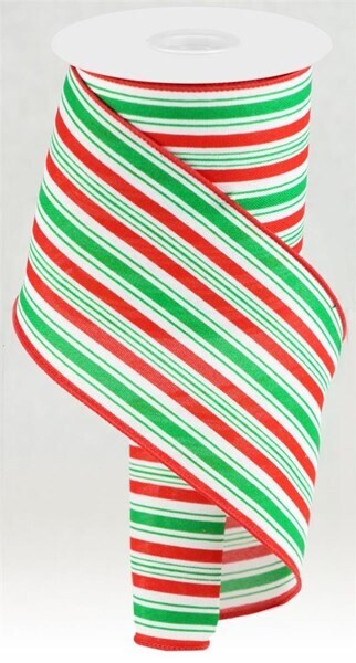 4” red/white/green horizontal Christmas stripe wired ribbon