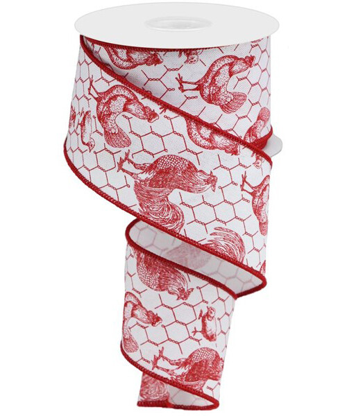 2.5&quot; Farmhouse Red Rooster &amp; chicken wire on white ribbon