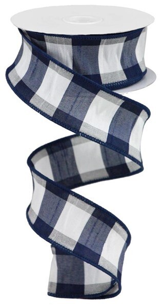 1.5&quot; Navy white Check faux Dupioni ribbon