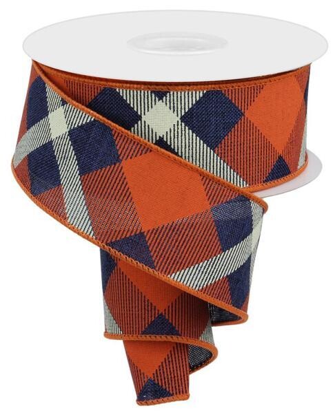 1.5” Navy orange cream diagonal plaid ribbon