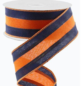 1.5” Orange w/Navy Blue Strips Wired Ribbon