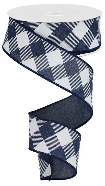 1.5&quot; Navy blue white diagonal check ribbon