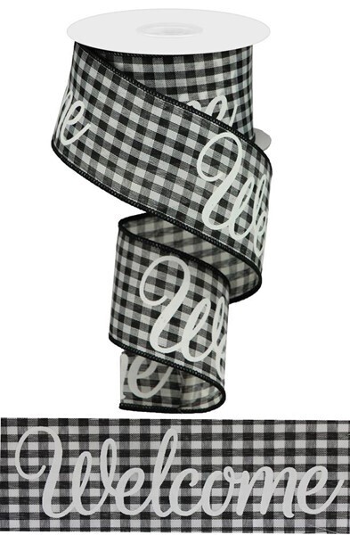 2.5” WELCOME black white gingham wired ribbon