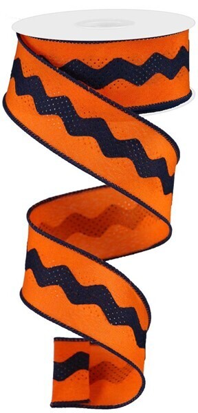 1.5&quot; Navy Orange ric rac satin ribbon