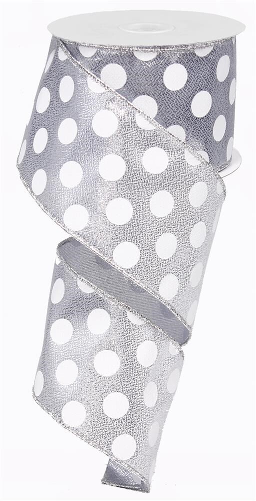 2.5” silver metallic with white Swiss dots ribbon