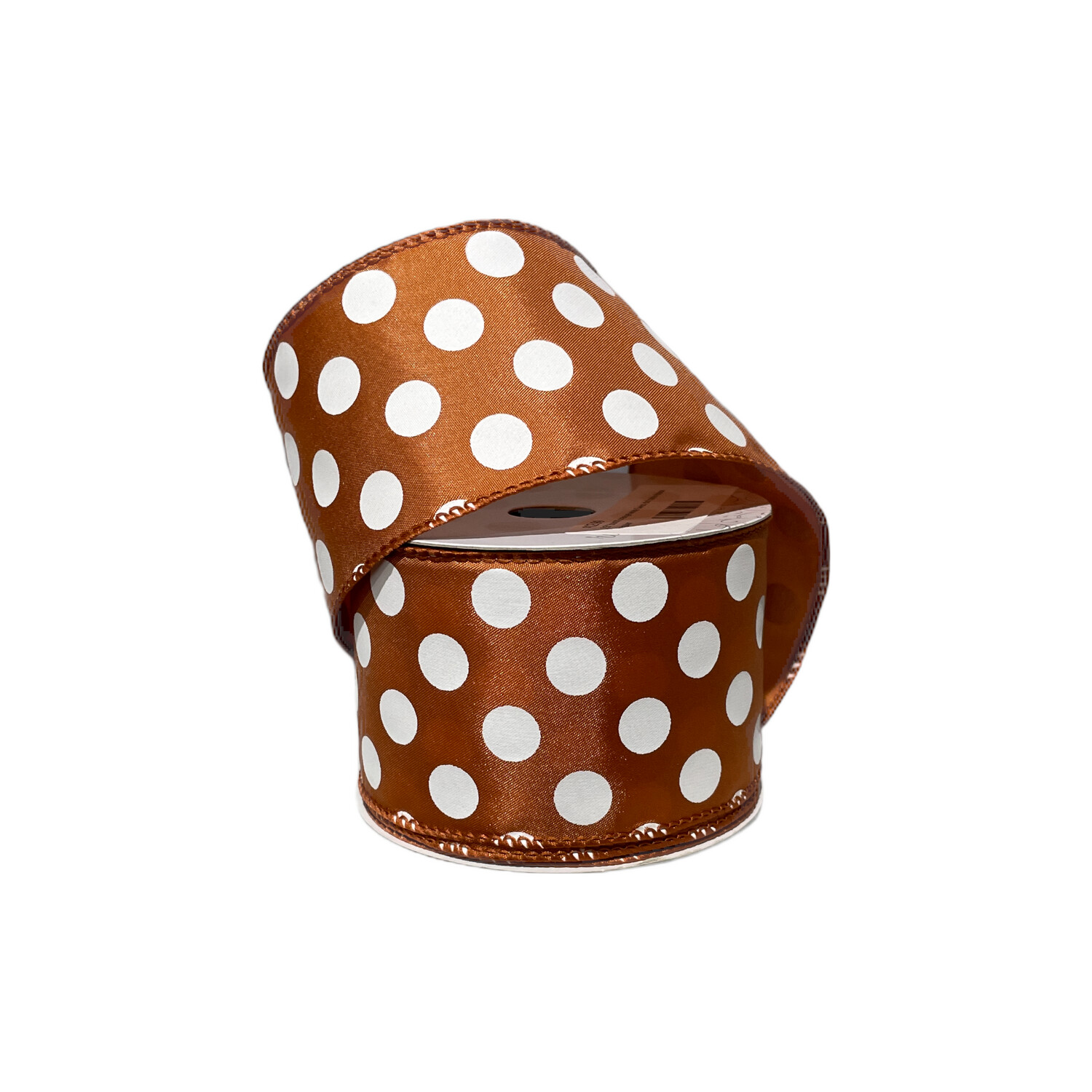 2.5” burnt orange/white Swiss dot satin ribbon