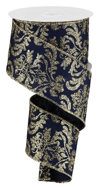 2.5” navy with gold glitter damask wired ribbon