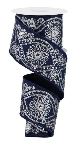 2.5” Navy w/Silver Wavy Floral Wired Ribbon