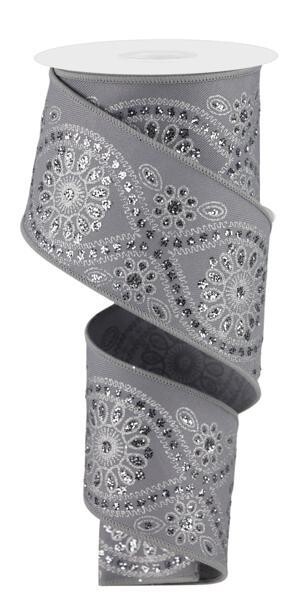 2.5” Gray w/Silver Wavy Floral Wired Ribbon