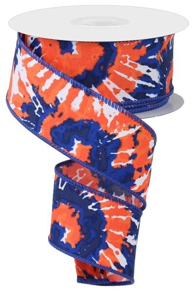 1.5”  Navy Orange Tie Dye Wired Ribbon