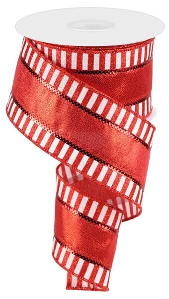 2.5” Red metallic with white/red striped border wired ribbon