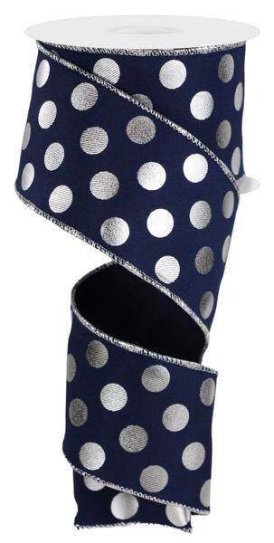 2.5” navy with silver metallic dots wired ribbon