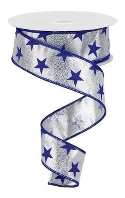 1.5” metallic silver with navy multi stars wired ribbon