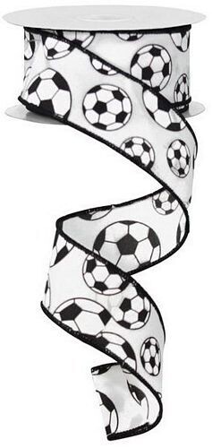 1.5&quot; Soccer balls black white Satin ribbon