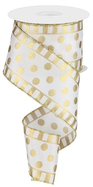2.5&quot; Dots and Stripes White/Gold metallic satin ribbon