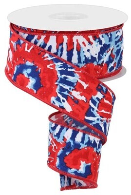 1.5” Tie Dye Red White Blue Wired Ribbon