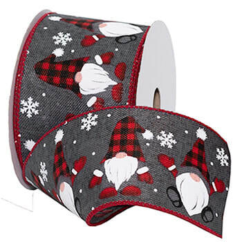 2.5” buffalo plaid grey/red Gnomes wired ribbon