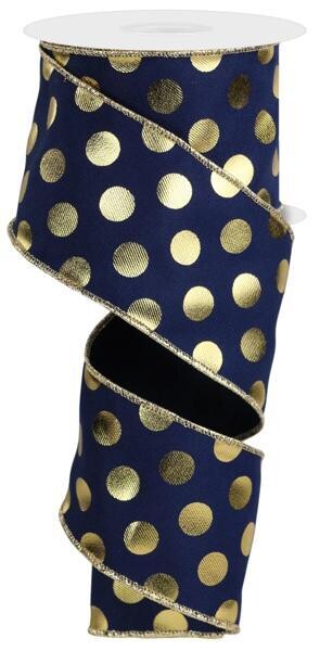 2.5” navy with gold metallic dots wired ribbon