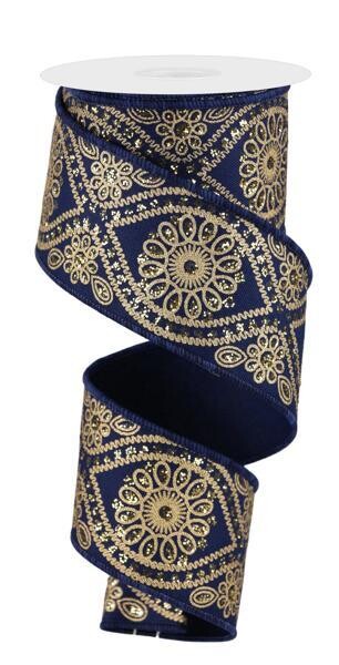2.5” Navy w/Gold Wavy Floral Wired Ribbon