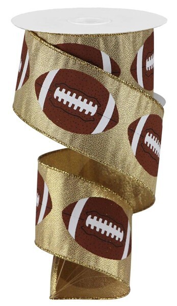 2.5 Footballs on gold metallic wired ribbon