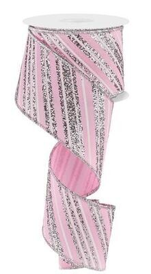 2.5&quot; Pink &amp; White diagonal stripes with Silver glitter wired ribbon