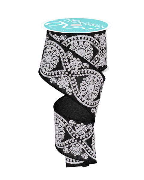 2.5” Black w/White Wavy Floral Wired Ribbon
