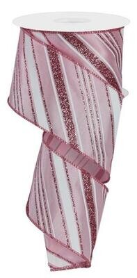 2.5&quot; Pink &amp; White diagonal stripes with pink glitter wired ribbon