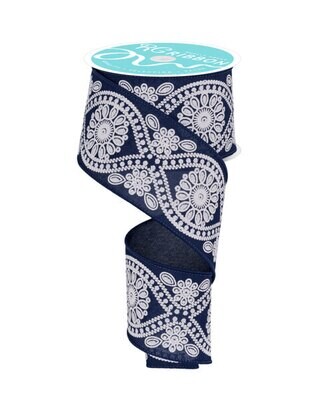 2.5” Navy w/White Wavy Floral Wired Ribbon