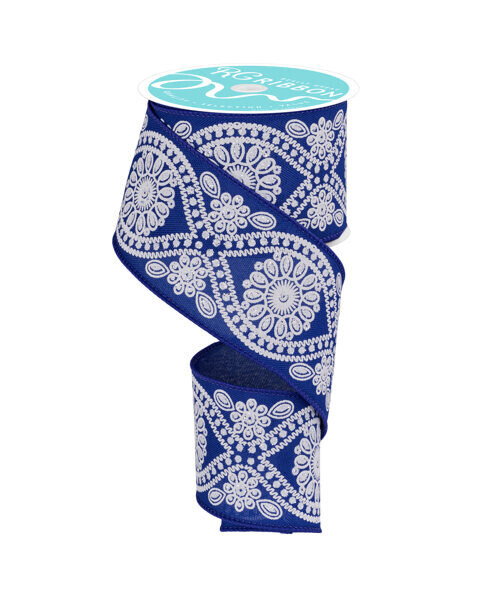 2.5” Royal blue w/White Wavy Floral Wired Ribbon