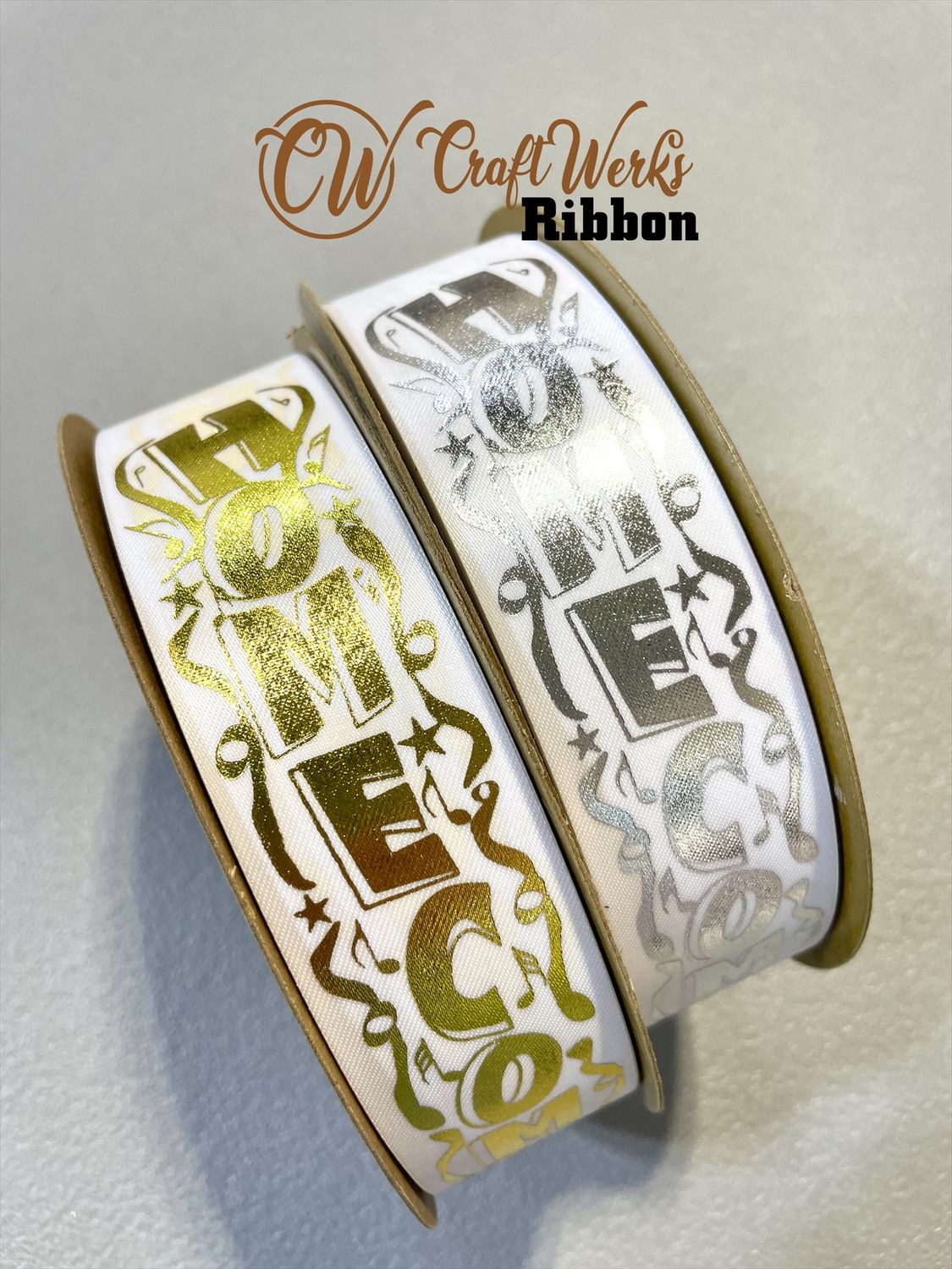 HOMECOMING with streamers custom imprint ribbon, size ribbon: size 5 (7/8&quot;)