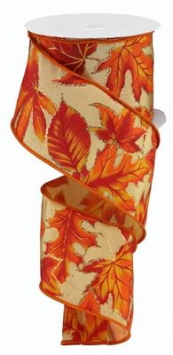 2.5” Golden fall leaves satin wired ribbon