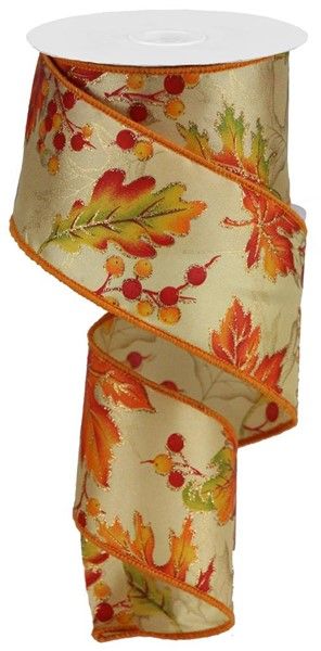 2.5” fall leaves and berries satin wired ribbon