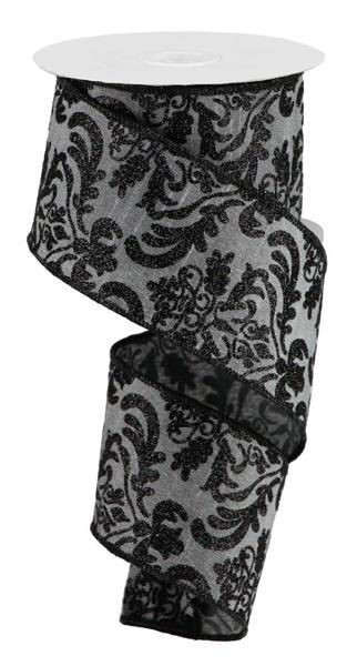 2.5” Grey with Black glitter damask wired ribbon