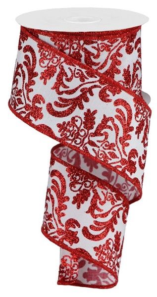 2.5” White with Red glitter damask wired ribbon