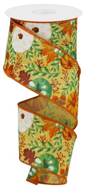 2.5” fall pumpkins and leaves on natural wired ribbon