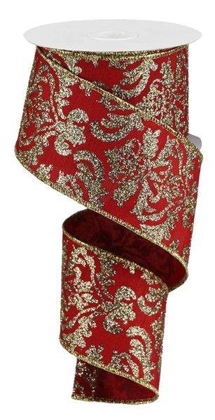 2.5” Red with gold glitter damask wired ribbon