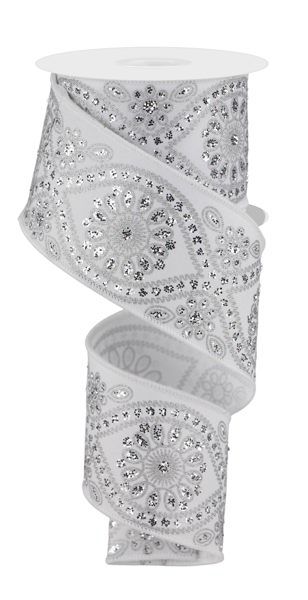 2.5” White w/silver Wavy Floral Wired Ribbon