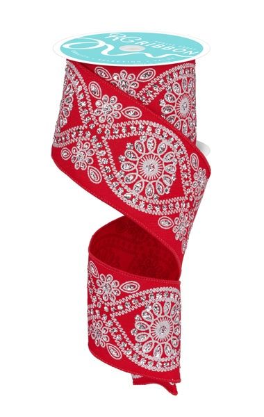 2.5” Red w/Silver Wavy Floral Wired Ribbon