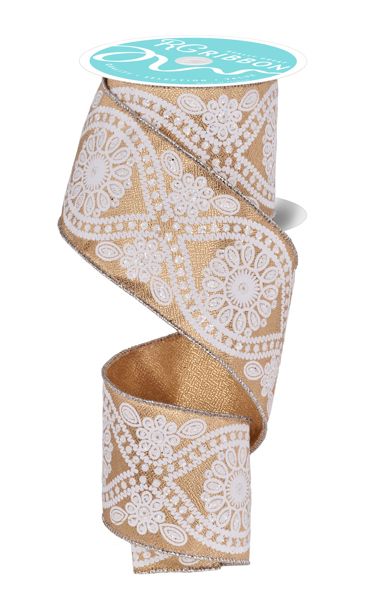 2 1/2” Gold/White Wavy Floral wired ribbon