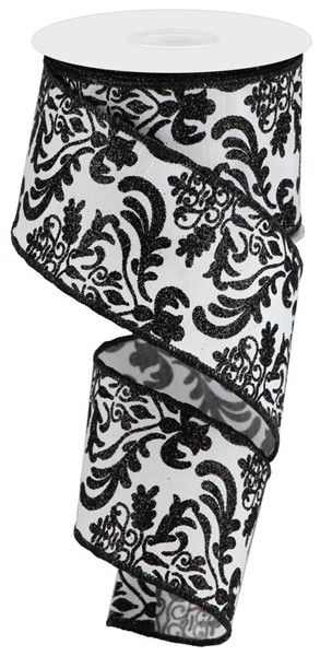 2.5&quot; White/Black Damask Faux Dupioni wired ribbon