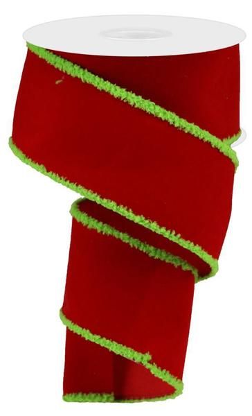 2 1/2” Red Velvet w/Lime Green Chenille edge wired ribbon