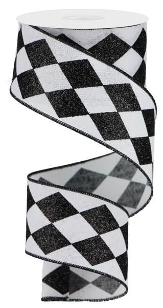 2” black/white glitter diamond harlequin wired ribbon 10 yards