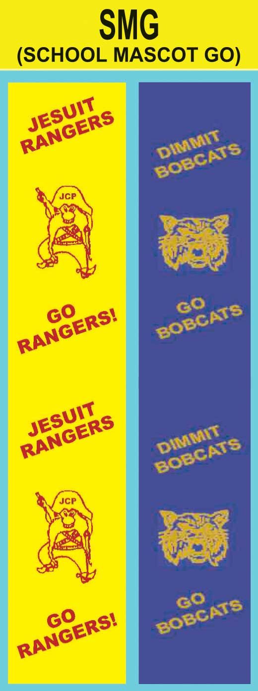 School Name Go Mascot Slant text with mascot graphic custom imprint ribbon- School names A-D