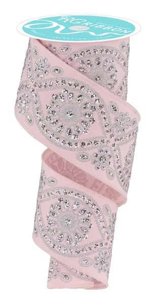 2.5” Pink with silver Wavy Floral Wired Ribbon