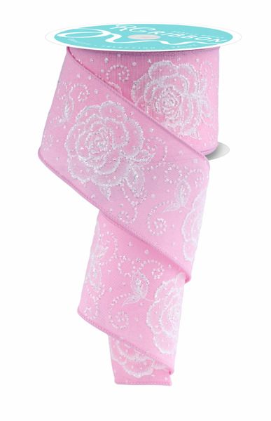 2 1/2” Light Pink Raised roses wired ribbon
