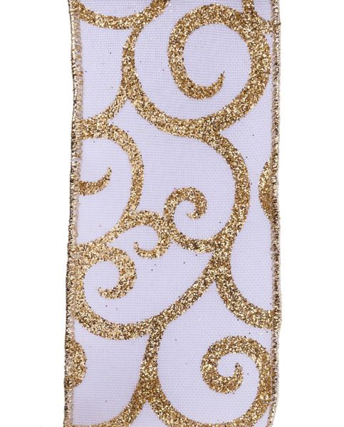 2 1/2” white with gold swirls wired ribbon