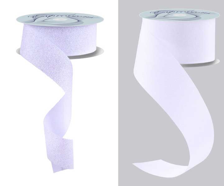 White iridescent glitter on fabric stabilizer ribbon- 25 yards, non-wired